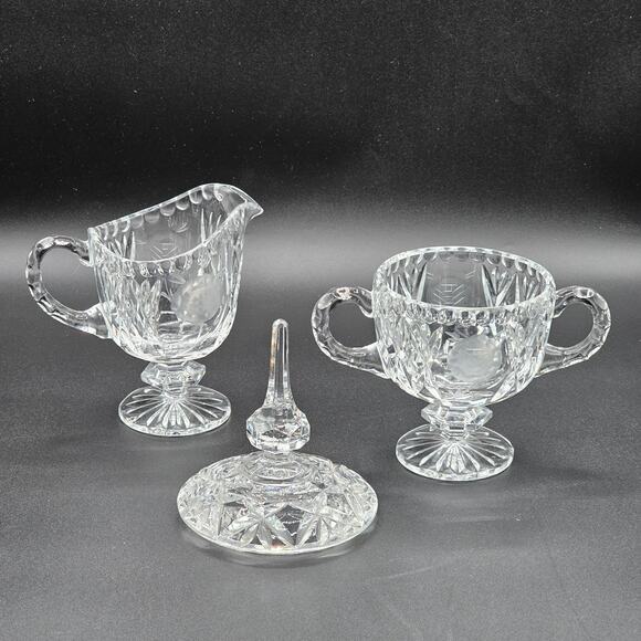 Vintage Clear Glass Crystal Footed Creamer & Sugar Set Etched Rose Pedestal - Picture 2 of 5